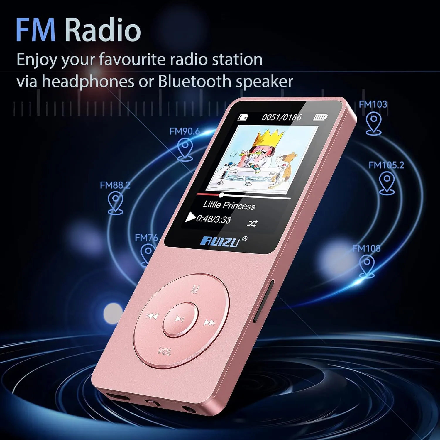 RUIZU 64GB MP3 Player with Bluetooth 5.3, 1.8" Screen Portable Music Player, FM Radio, Voice Recording, EBook, Shuffle Single Loop, 80H Digital Audio Video Playback, Lightweight, Support 128GB TF Card