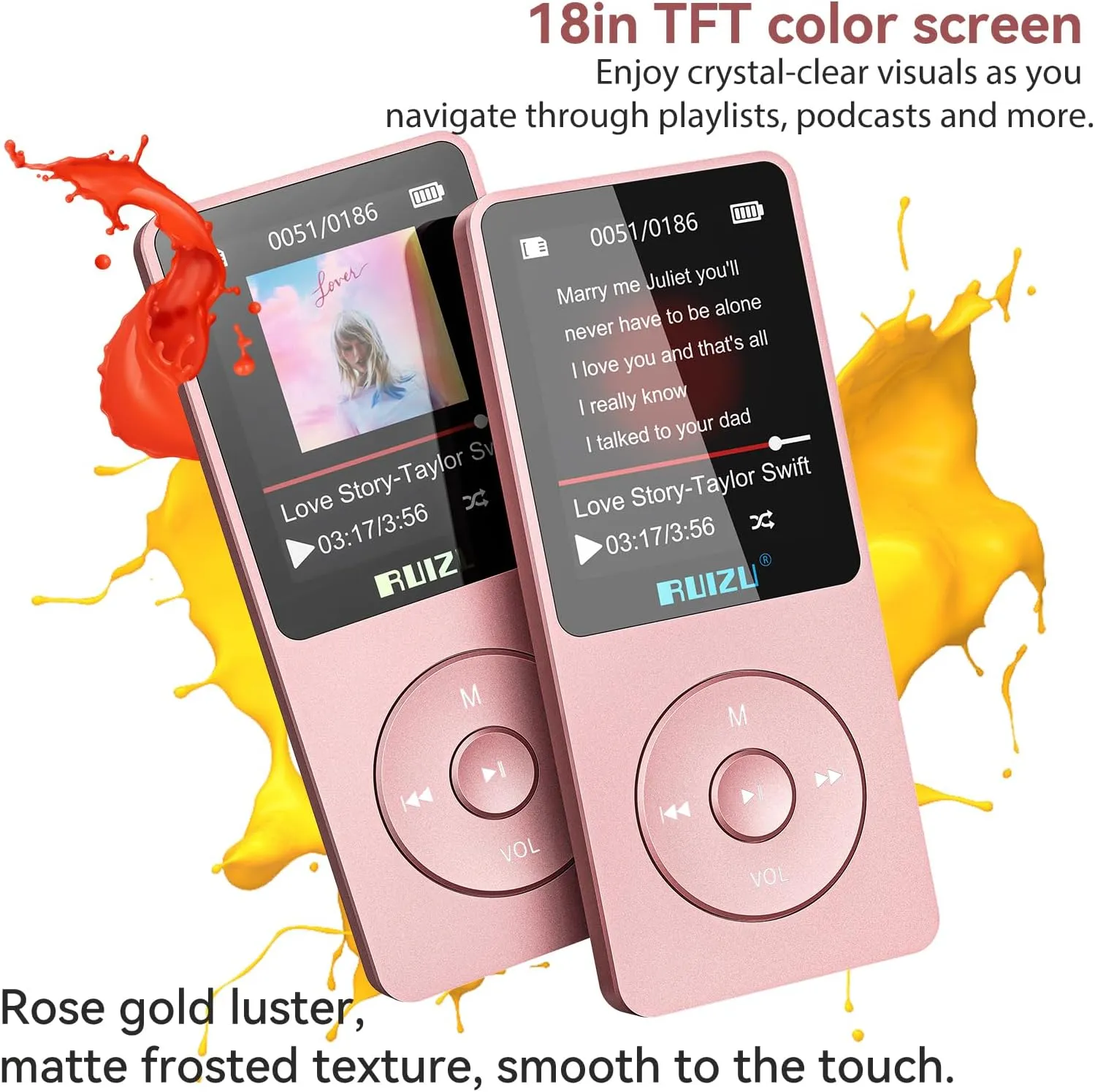 RUIZU 64GB MP3 Player with Bluetooth 5.3, 1.8" Screen Portable Music Player, FM Radio, Voice Recording, EBook, Shuffle Single Loop, 80H Digital Audio Video Playback, Lightweight, Support 128GB TF Card