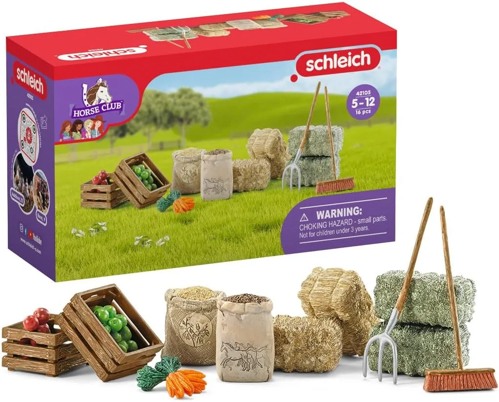 Schleich Horse Club 14pc. Toy Feed and Accessory Set for Horses and Animals - Detailed Hay, Straw, and Carrot Horse Feed, for Education and Imaginative Play for Girls and Boys, Gift for Kids Ages 5 