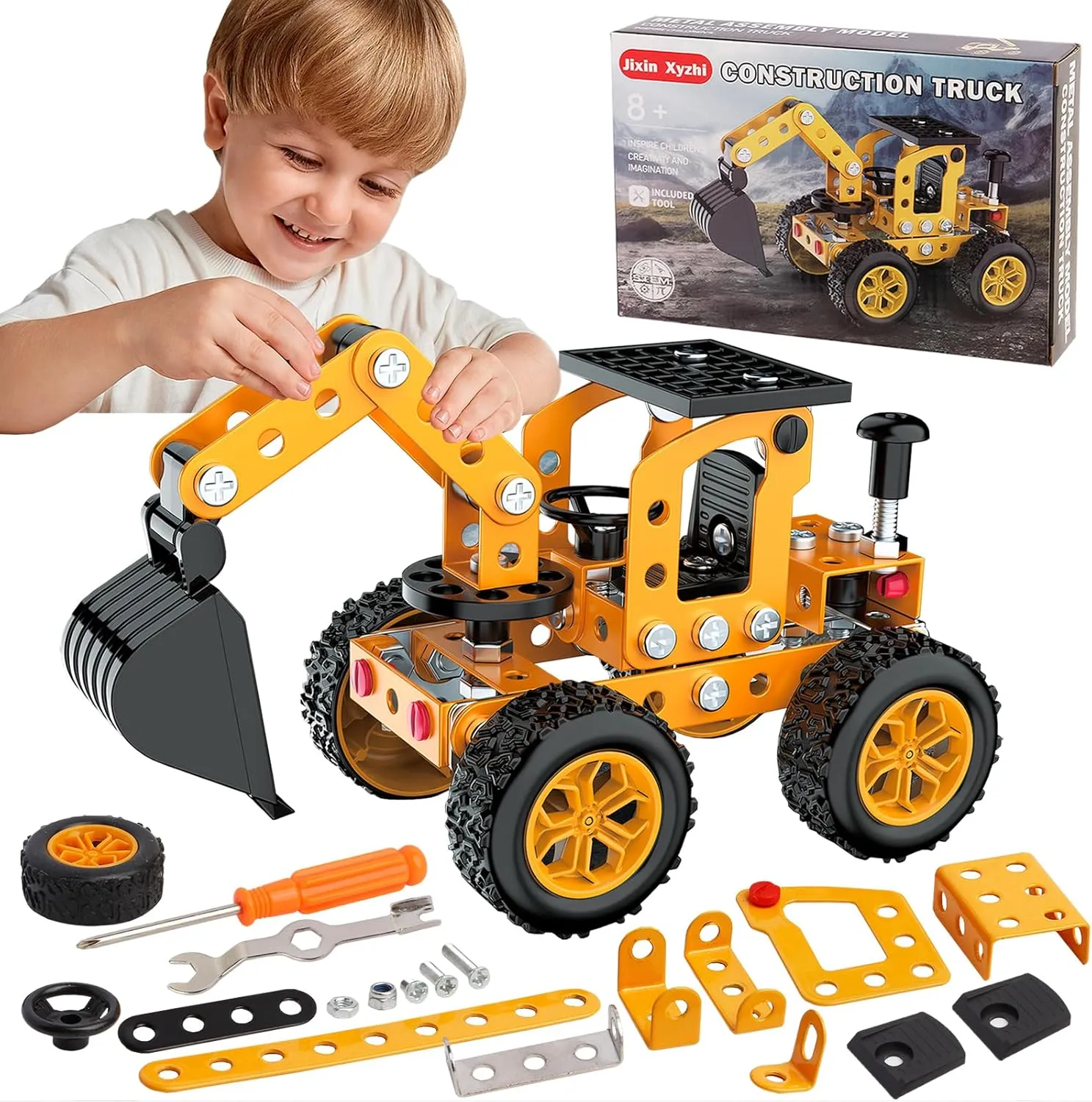 Sets Metal Assembly Toys Model Excavator Kits STEM Projects Model Car Kits to Build Jixin Xyzhi Birthday Gifts for Kids 8-16 Yellow