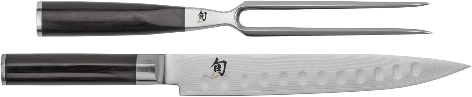 Shun Classic 2 Piece Carving Set, Includes 9" Classic Hollow Ground Slicing Knife and Carving Fork, Handcrafted Japanese Set, VG-MAX Core with Damascus Stainless Steel Cladding, Pakkawood Handle
