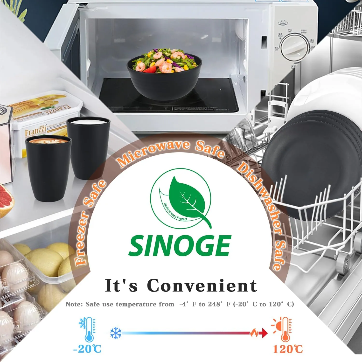 SINOGE Wheat Straw Dinnerware Set 40PCS, Unbreakable Plates and Bowls Set, Black Plastic Reusable Cups Service for 8, Dishwasher Microwave Safe Dinner Dishes Sets for Kitchen,RV- Black Feast