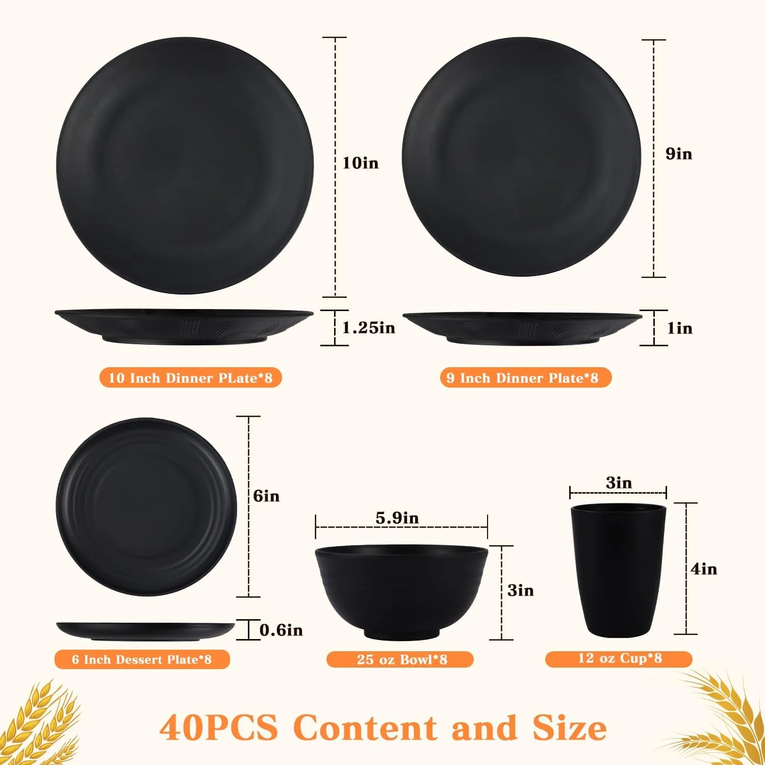 SINOGE Wheat Straw Dinnerware Set 40PCS, Unbreakable Plates and Bowls Set, Black Plastic Reusable Cups Service for 8, Dishwasher Microwave Safe Dinner Dishes Sets for Kitchen,RV- Black Feast