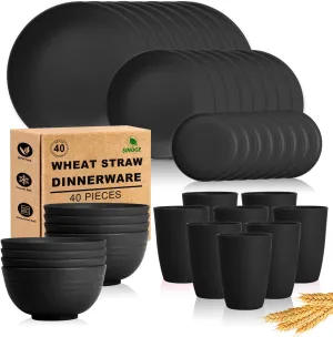 SINOGE Wheat Straw Dinnerware Set 40PCS, Unbreakable Plates and Bowls Set, Black Plastic Reusable Cups Service for 8, Dishwasher Microwave Safe Dinner Dishes Sets for Kitchen,RV- Black Feast
