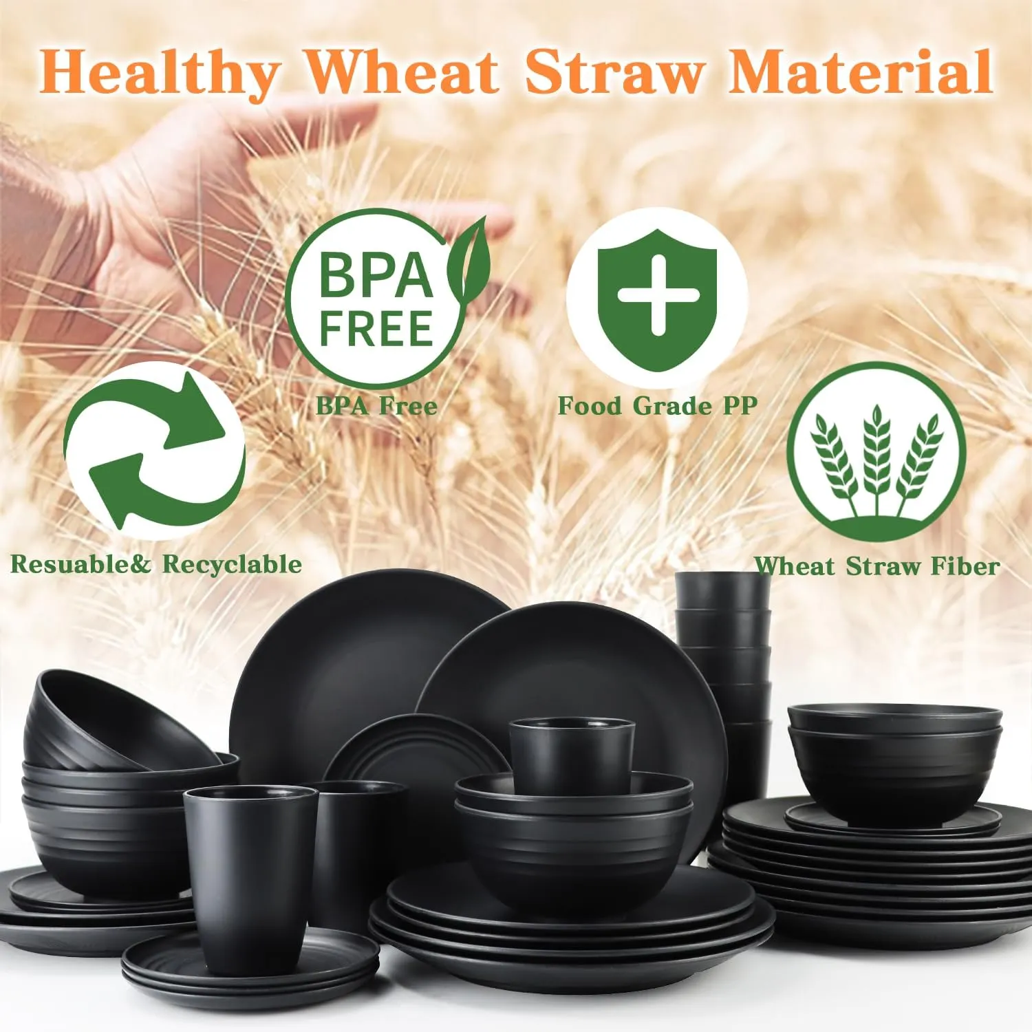 SINOGE Wheat Straw Dinnerware Set 40PCS, Unbreakable Plates and Bowls Set, Black Plastic Reusable Cups Service for 8, Dishwasher Microwave Safe Dinner Dishes Sets for Kitchen,RV- Black Feast