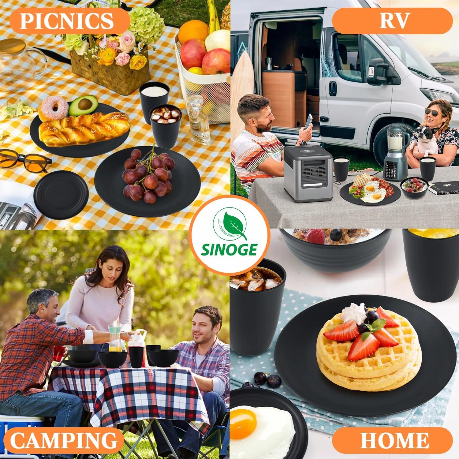 SINOGE Wheat Straw Dinnerware Set 40PCS, Unbreakable Plates and Bowls Set, Black Plastic Reusable Cups Service for 8, Dishwasher Microwave Safe Dinner Dishes Sets for Kitchen,RV- Black Feast