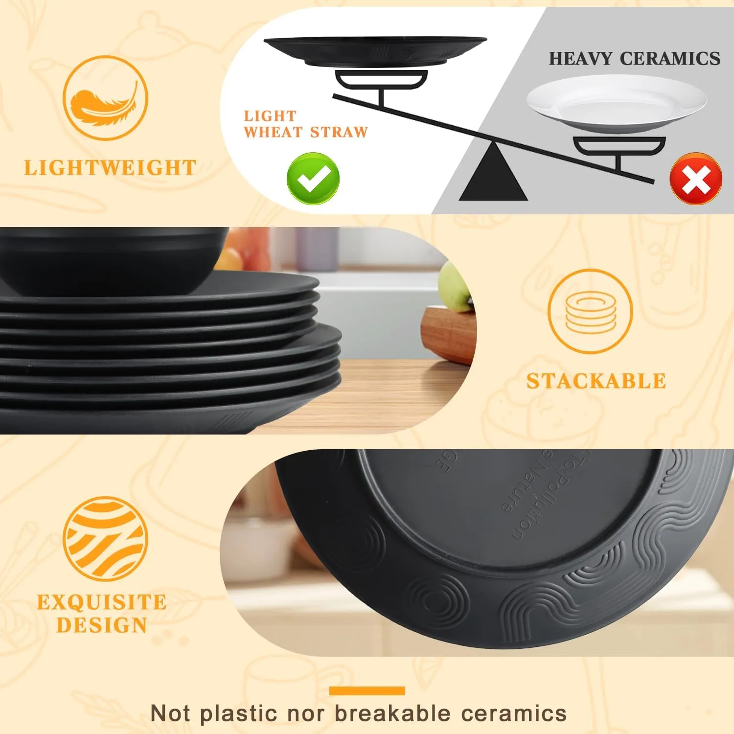SINOGE Wheat Straw Dinnerware Set 40PCS, Unbreakable Plates and Bowls Set, Black Plastic Reusable Cups Service for 8, Dishwasher Microwave Safe Dinner Dishes Sets for Kitchen,RV- Black Feast