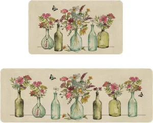 Spring Farmhouse Flowers Vase Kitchen Rugs and Mat Set of 2,Watercolor Floral Kitchen Mats for Floor, Seasonal Kitchen Sink Decor Doormat Runner Rug