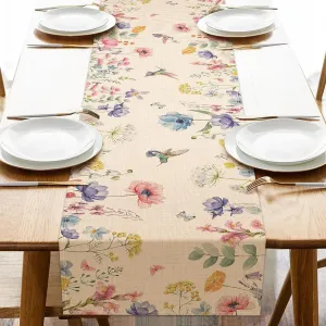 Spring Summer Watercolor Flower Table Runner, Wild Floral Hummingbird Kitchen Dining Table Decoration, Seasonal Butterfly Burlap Indoor Outdoor Home Decor Party Supply 13 x 90 Inches