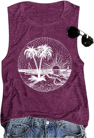 Summer Beach Tank Tops for Women Funny Cute Sunshine Coconut Tree Graphic Tee Shirt Hawaiian Family Vacation Tops