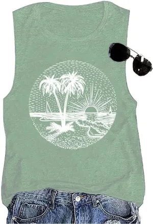 Summer Beach Tank Tops for Women Funny Cute Sunshine Coconut Tree Graphic Tee Shirt Hawaiian Family Vacation Tops