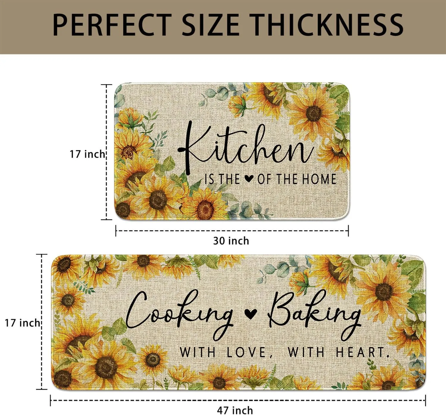 Sunflowers Kitchen Rugs Set of 2,Kitchen is The Heart of The Home Kitchen Mats for Floor,Cooking with Love Baking with Heart Sink Mat Kitchen Decor Rug