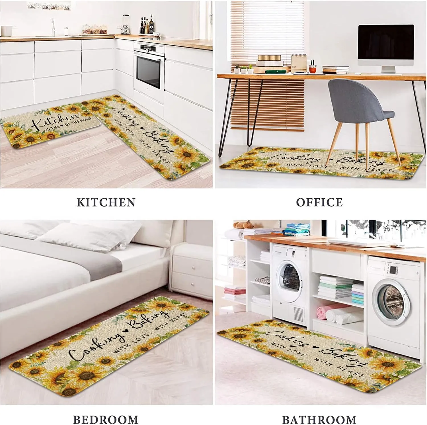 Sunflowers Kitchen Rugs Set of 2,Kitchen is The Heart of The Home Kitchen Mats for Floor,Cooking with Love Baking with Heart Sink Mat Kitchen Decor Rug