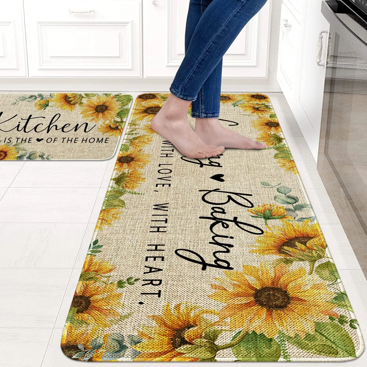 Sunflowers Kitchen Rugs Set of 2,Kitchen is The Heart of The Home Kitchen Mats for Floor,Cooking with Love Baking with Heart Sink Mat Kitchen Decor Rug