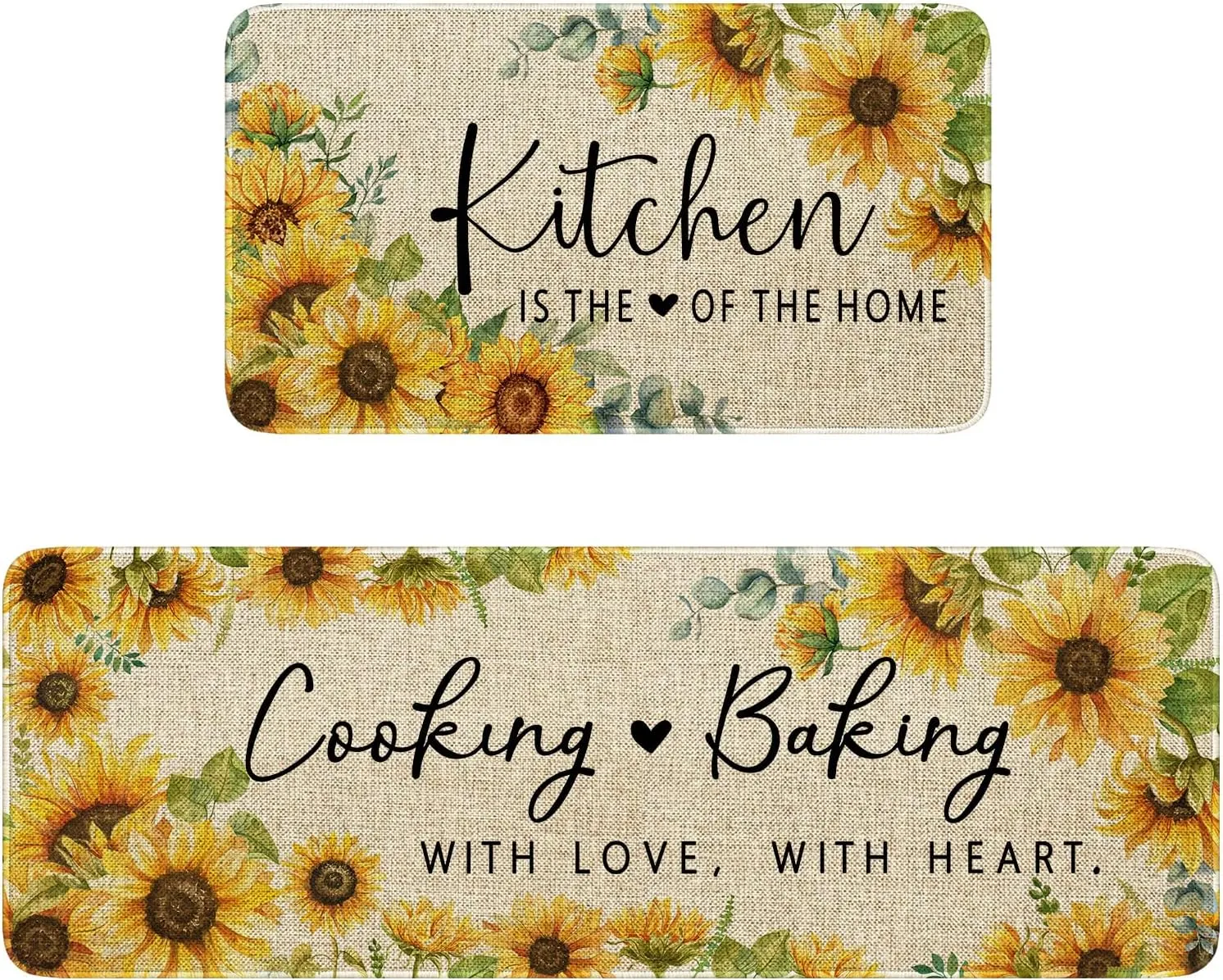 Sunflowers Kitchen Rugs Set of 2,Kitchen is The Heart of The Home Kitchen Mats for Floor,Cooking with Love Baking with Heart Sink Mat Kitchen Decor Rug