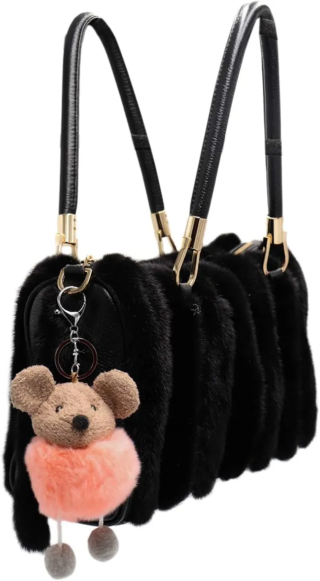 surell Real Rex Rabbit Fur Heart Keychain - Pom-Pom Bag Purse Charm - Fluffy Fur Ball with Gold Ring - Stylish Fashion Gift