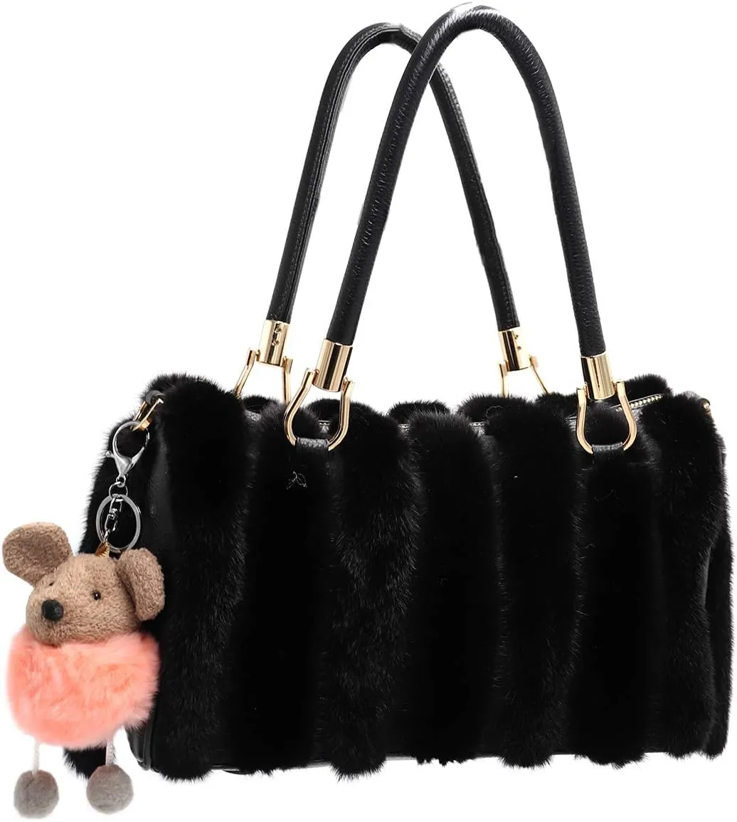 surell Real Rex Rabbit Fur Heart Keychain - Pom-Pom Bag Purse Charm - Fluffy Fur Ball with Gold Ring - Stylish Fashion Gift