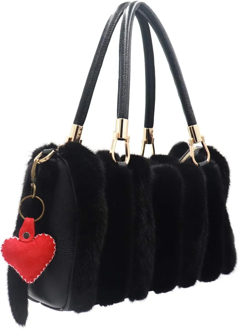 surell - Real Shearling Heart Keychain with Keyring - Cute Lambs Wool Sheepskin Bag Purse Pom Pon Charm - Love Ring Fluffy
