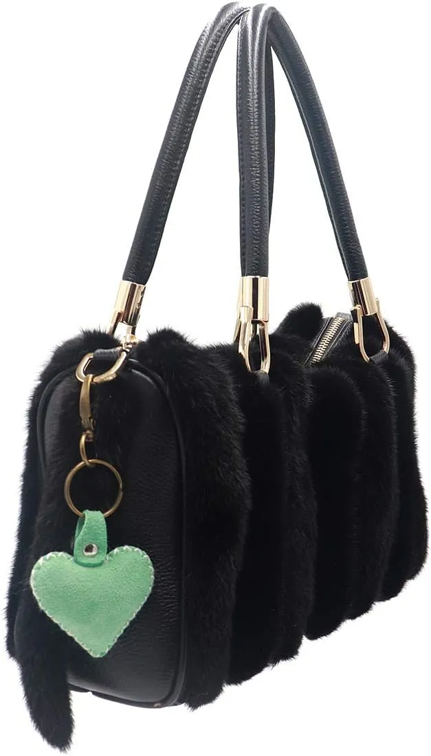 surell - Real Shearling Heart Keychain with Keyring - Cute Lambs Wool Sheepskin Bag Purse Pom Pon Charm - Love Ring Fluffy
