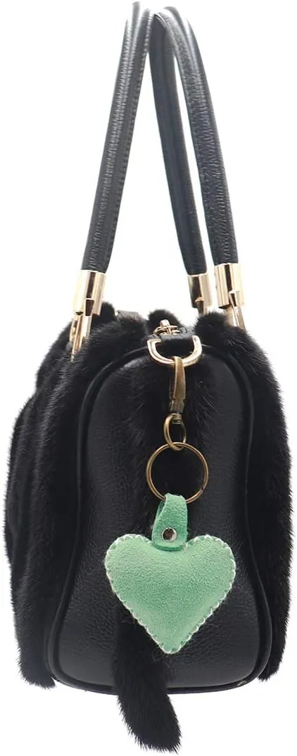 surell - Real Shearling Heart Keychain with Keyring - Cute Lambs Wool Sheepskin Bag Purse Pom Pon Charm - Love Ring Fluffy
