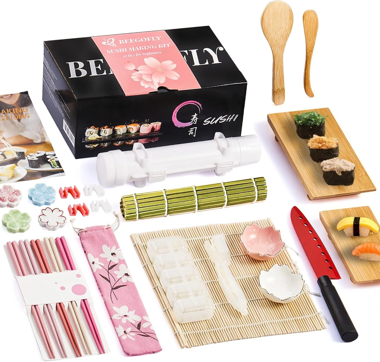 Sushi Making Kit, 27-In-1 Sushi Bazooka Roller Set, Includes Japanese Sashimi Sushi Bamboo Serving Geta Plate,Sushi Knife And More, Diy Sushi Gift - Perfect For Beginners