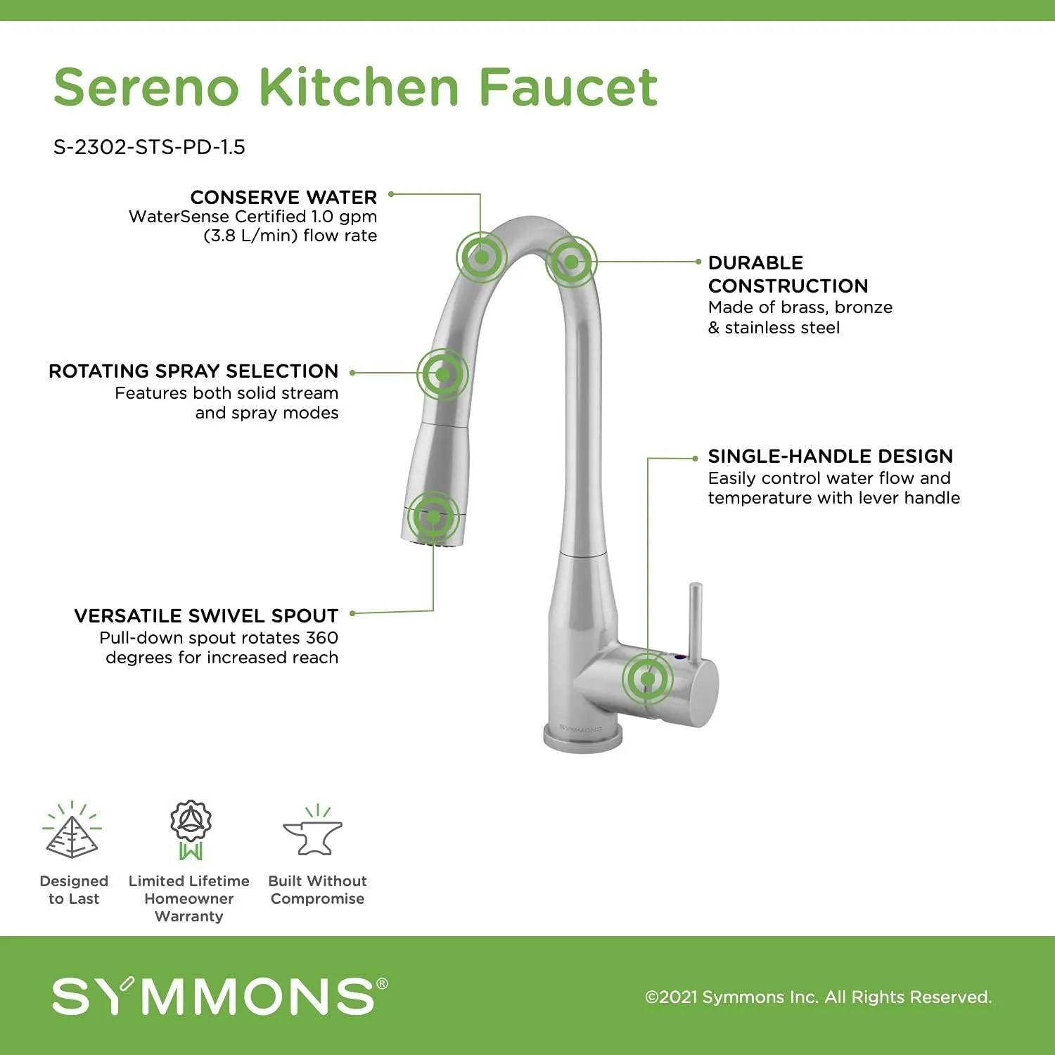 Symmons Sereno Single-Handle Pull-Down Sprayer Kitchen Faucet in Matte Black (1.5 GPM), Large