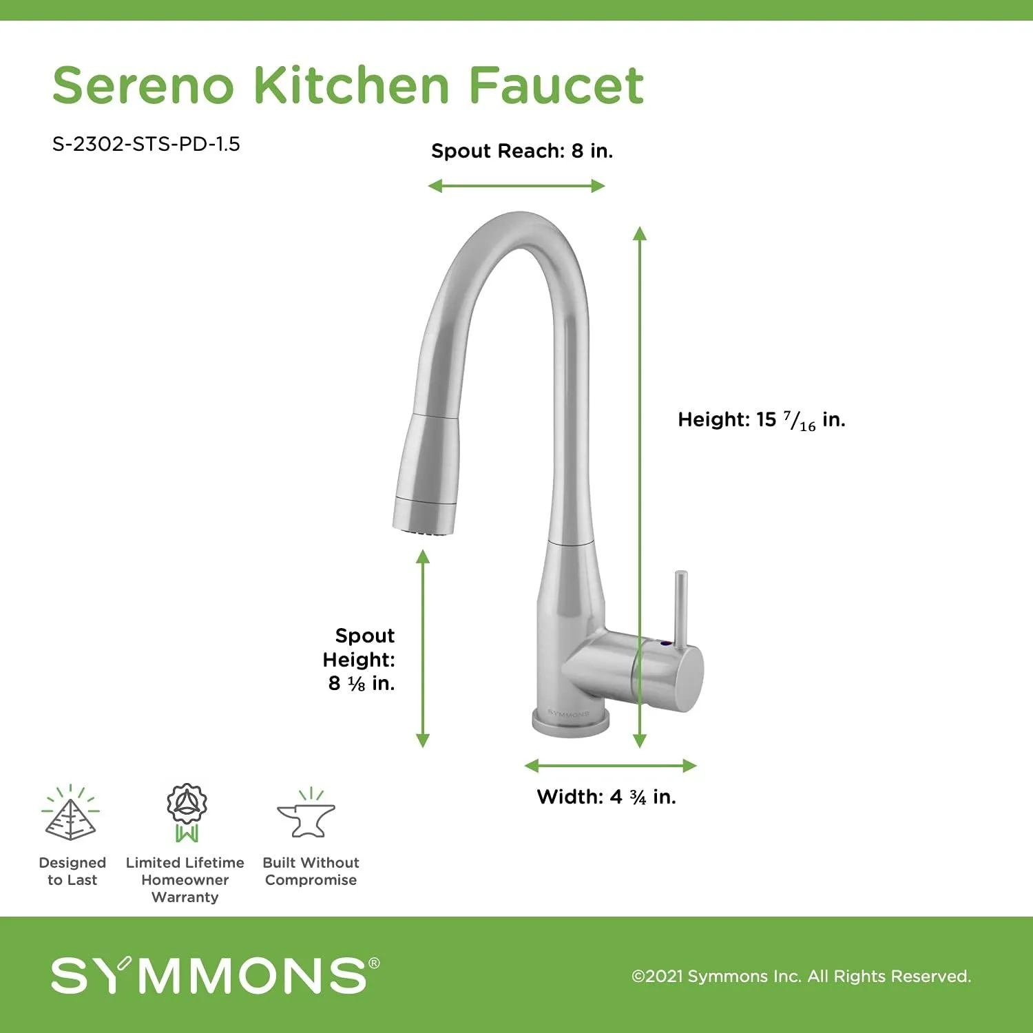 Symmons Sereno Single-Handle Pull-Down Sprayer Kitchen Faucet in Matte Black (1.5 GPM), Large