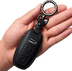 Tukellen for Audi Key Fob Cover Leather with Keychain,Leather Key Case Protector Compatible with 2019 2020 2021 2022 A3 A6 A7 E-Tron A8 Q8 Keyless Smart Key Fob-Black