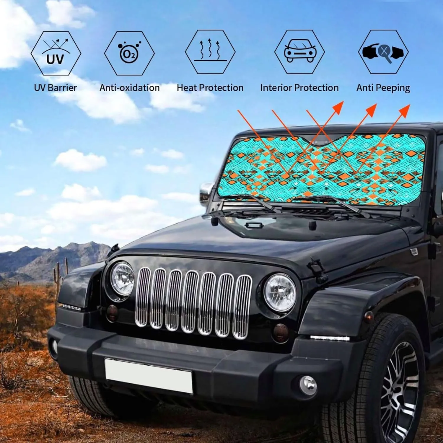 Turquoise Wonders Print Windshield Foldable Sun Shade for Car Front Window Block Heat and Rays Sun Visor Protection