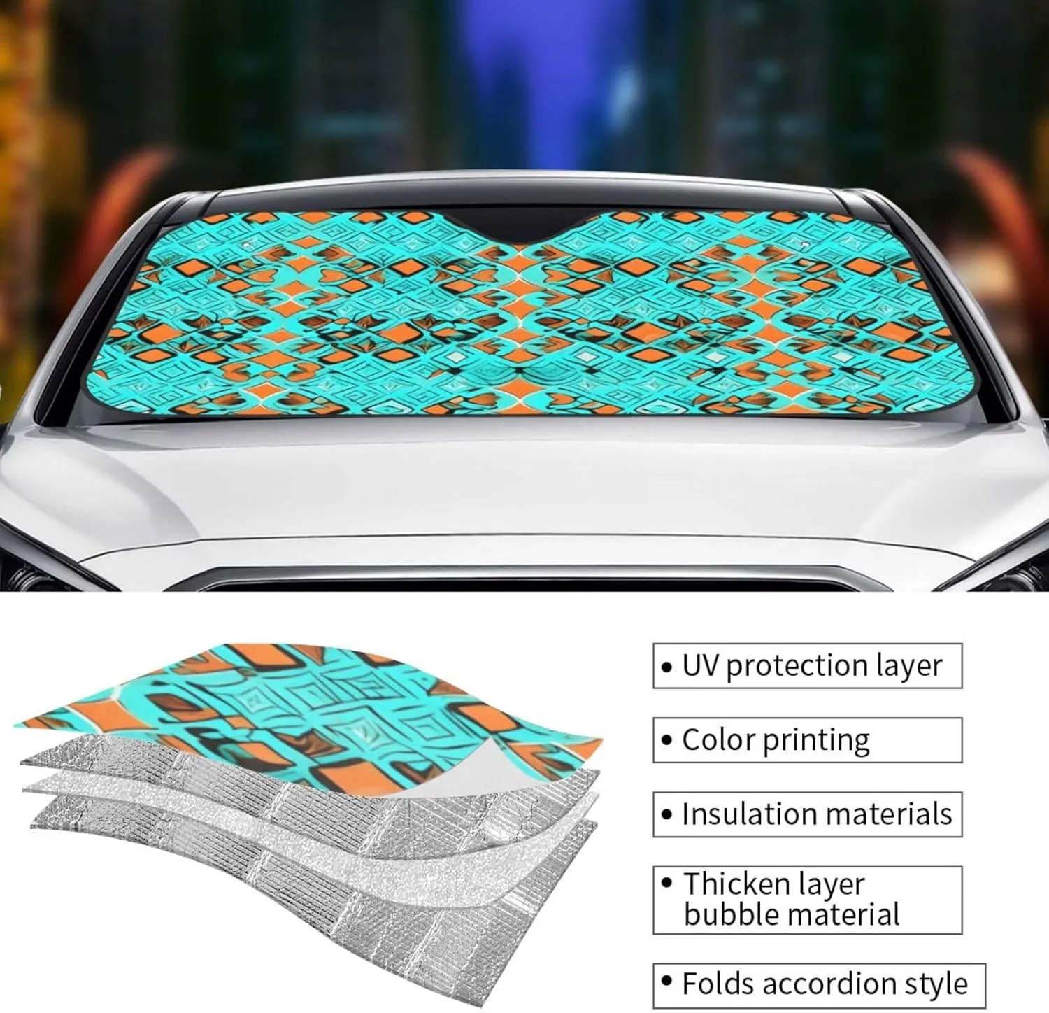 Turquoise Wonders Print Windshield Foldable Sun Shade for Car Front Window Block Heat and Rays Sun Visor Protection