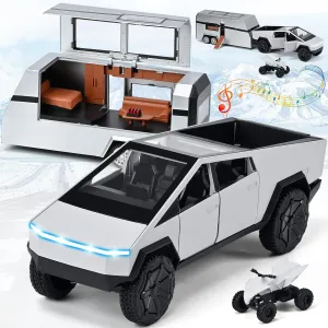 Upgraded 1/24 Cybertruck Toy, Alloy Diecast Truck Toy with RV Motorcycle, 3-in-1 Pickup Trail Pull-Back Model Kit with Sound and Light, for Kids Boys Girls, Silver