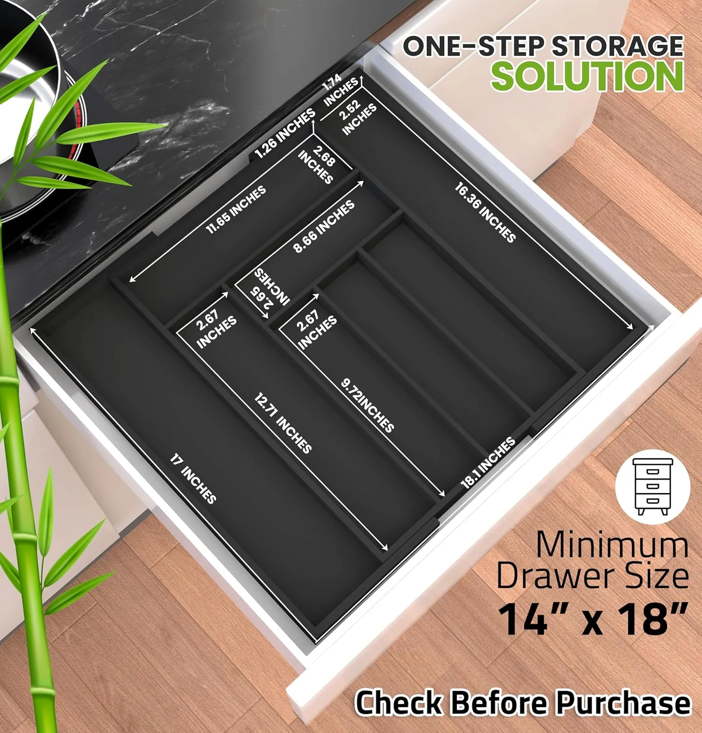 Utopia Kitchen Silverware Organizer, Expandable Bamboo Utensil Drawer Organizer, Kitchen Drawer Organizer, Silverware Organizer for Cutlery, Utensils, Flatware Holder (6-8 Slots, Black) Pack of 1