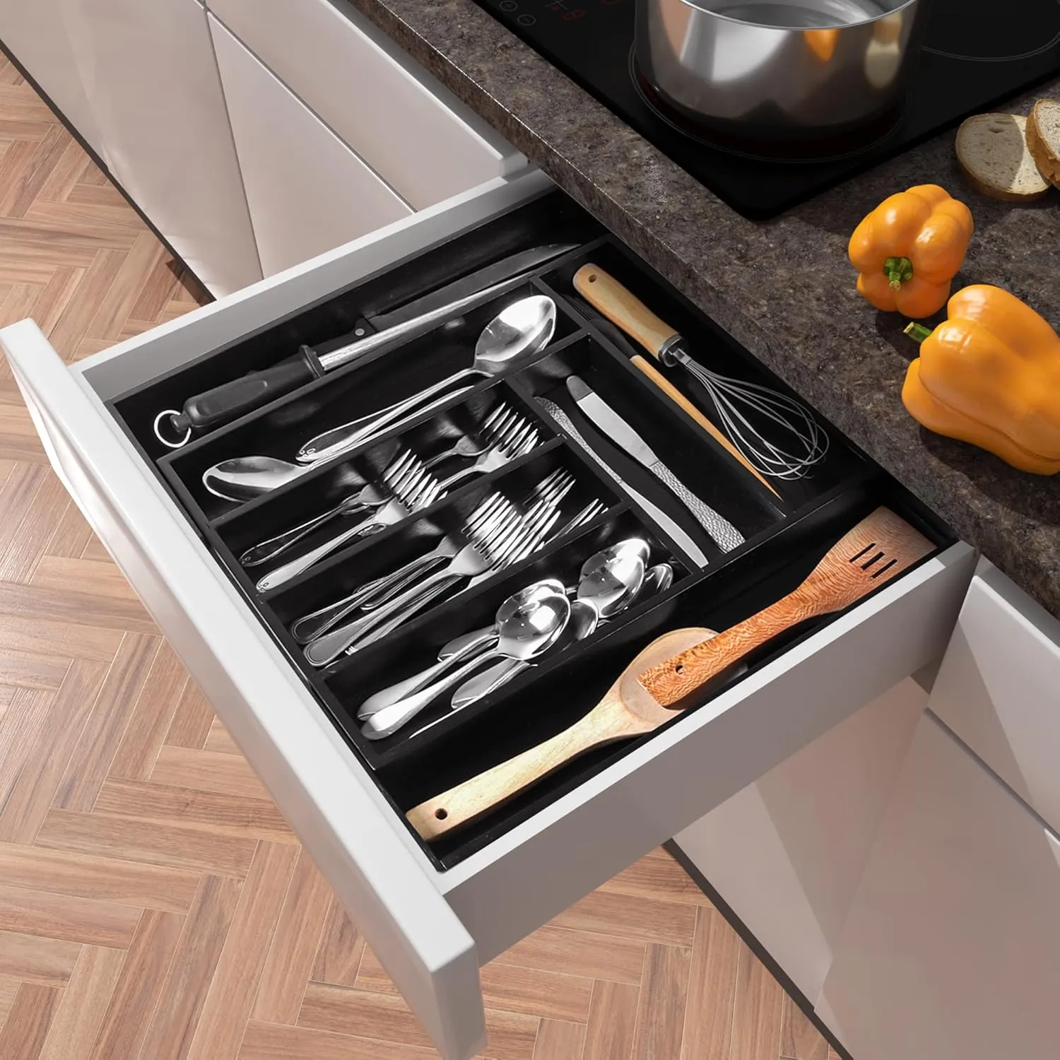 Utopia Kitchen Silverware Organizer, Expandable Bamboo Utensil Drawer Organizer, Kitchen Drawer Organizer, Silverware Organizer for Cutlery, Utensils, Flatware Holder (6-8 Slots, Black) Pack of 1