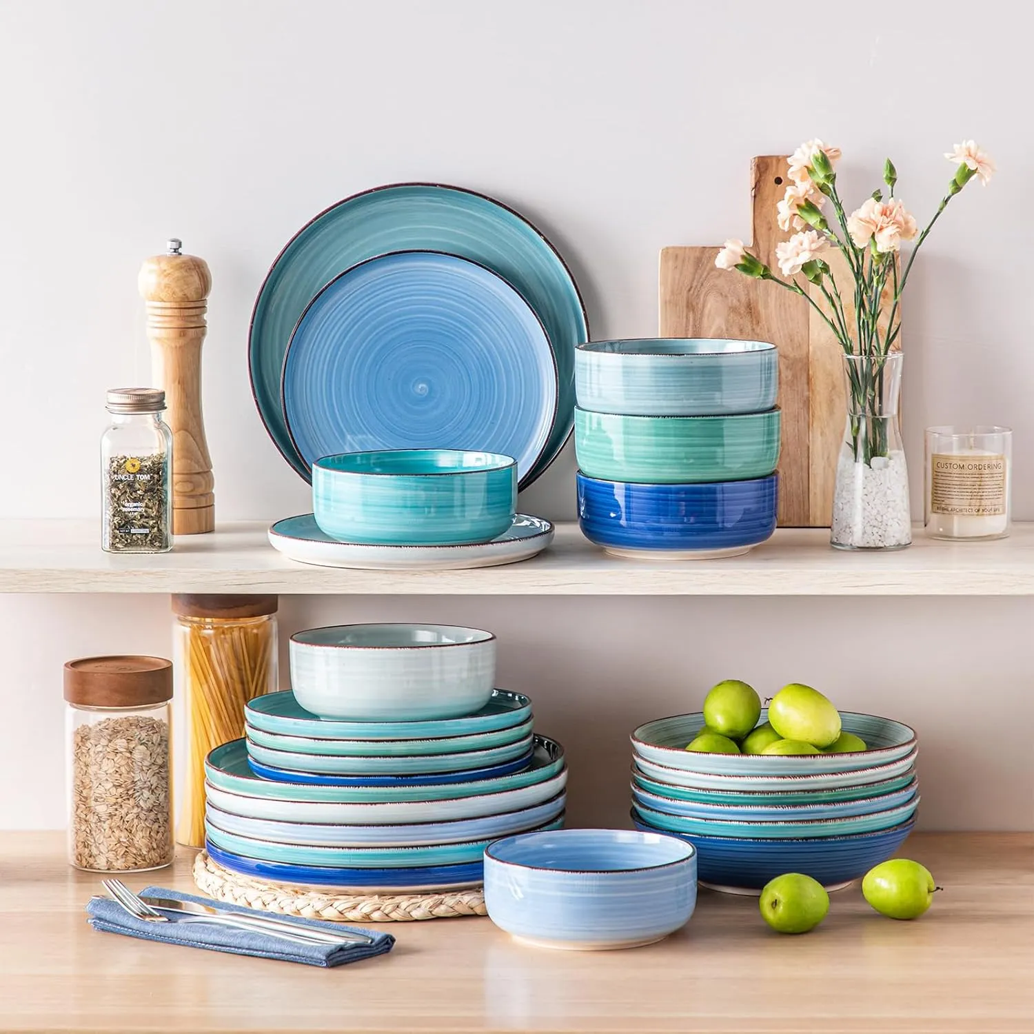 vancasso Bonita Dinnerware Sets 24 Pieces, Blue Stoneware Dishes Set for 6, Dinner Platers with Bowls Set, Dishwasher and Microwave Safe