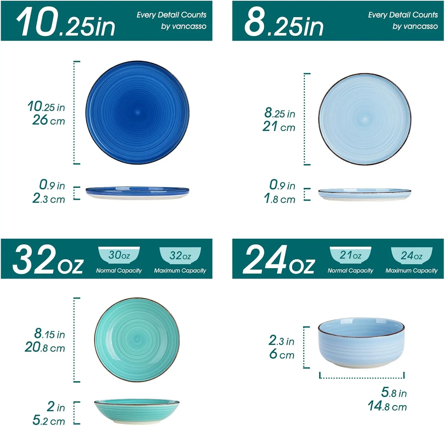vancasso Bonita Dinnerware Sets 24 Pieces, Blue Stoneware Dishes Set for 6, Dinner Platers with Bowls Set, Dishwasher and Microwave Safe