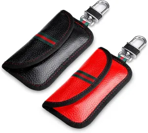 VAWcornic 2 Pack Faraday Bag for Key Fob, Genuine Leather RFID Signal Blocking Pouch Keyless Signal Block Key Case for Car Security Anti-Theft Remote Entry Smart Fob Protection Black Red