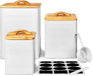 vensovo Kitchen Canisters Set of 3 – White Metal Airtight Food Storage Jars with Lids – Farmhouse Flour and Sugar Containers for Kitchen Countertop & Pantry