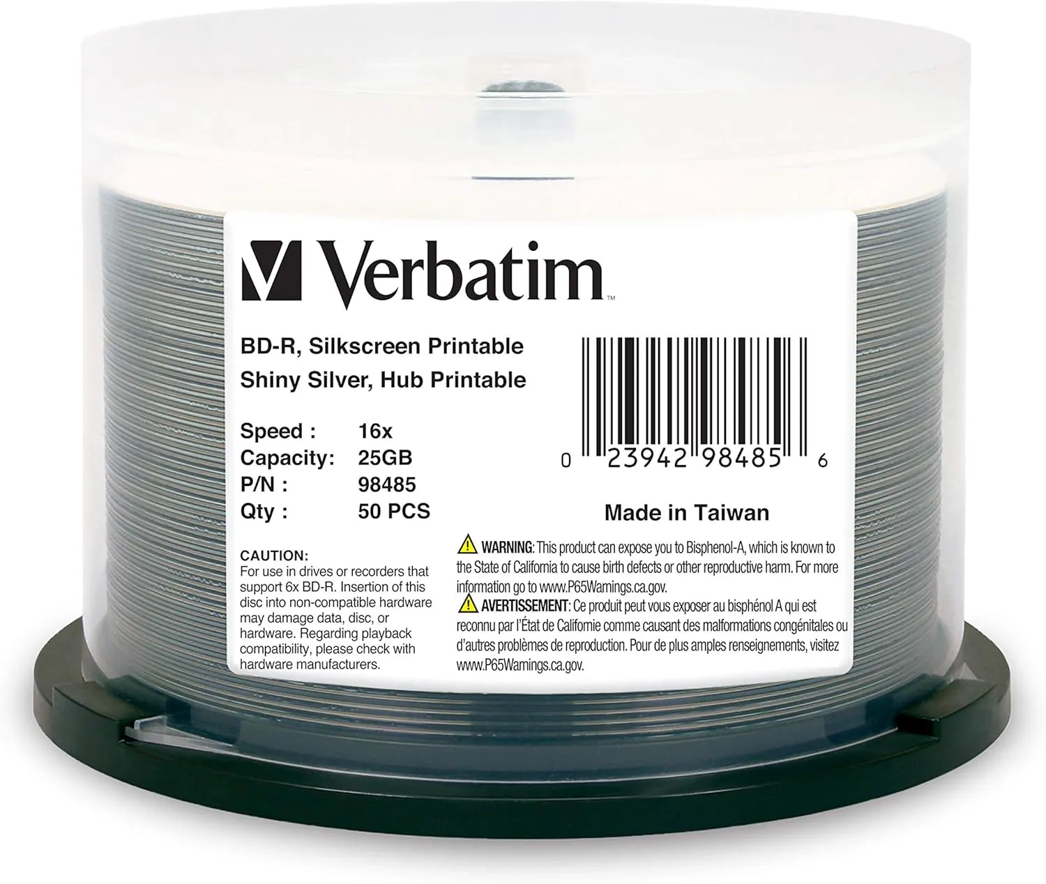 Verbatim BD-R 25GB 6X Shiny Silver Silk Screen Printable, Hub Printable - 50pk Spindle 98485