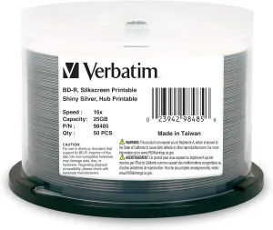 Verbatim BD-R 25GB 6X Shiny Silver Silk Screen Printable, Hub Printable - 50pk Spindle 98485