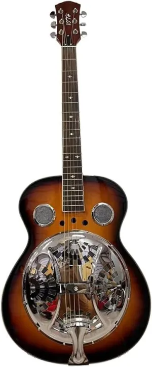 Vintage Guitar, Beginner Metal resonator Guitar, Full-Size Circular Neck Traditional Resonator, Built-in Preamplifier (Black Brown)