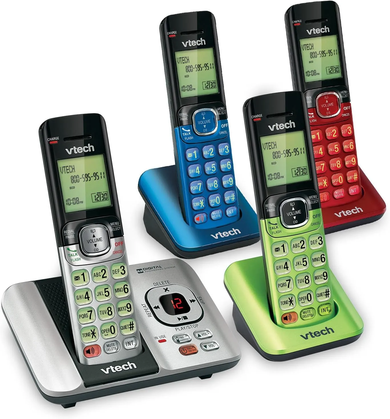 VTech CS6529-4B 4-Handset DECT 6.0 Cordless Phone with Answering System and Caller ID, Expandable up to 5 Handsets, Wall-Mountable, Blue/Green/Red/Silver