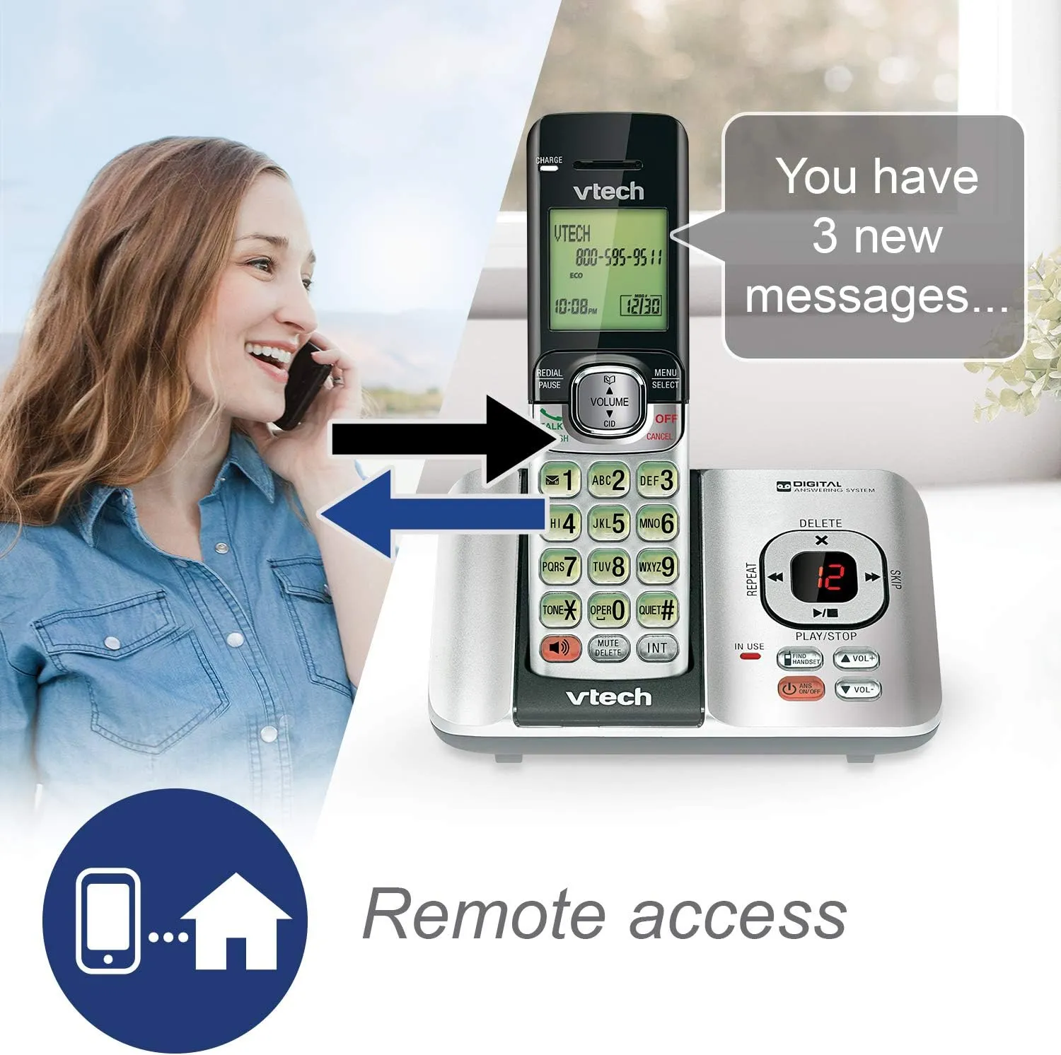 VTech CS6529-4B 4-Handset DECT 6.0 Cordless Phone with Answering System and Caller ID, Expandable up to 5 Handsets, Wall-Mountable, Blue/Green/Red/Silver