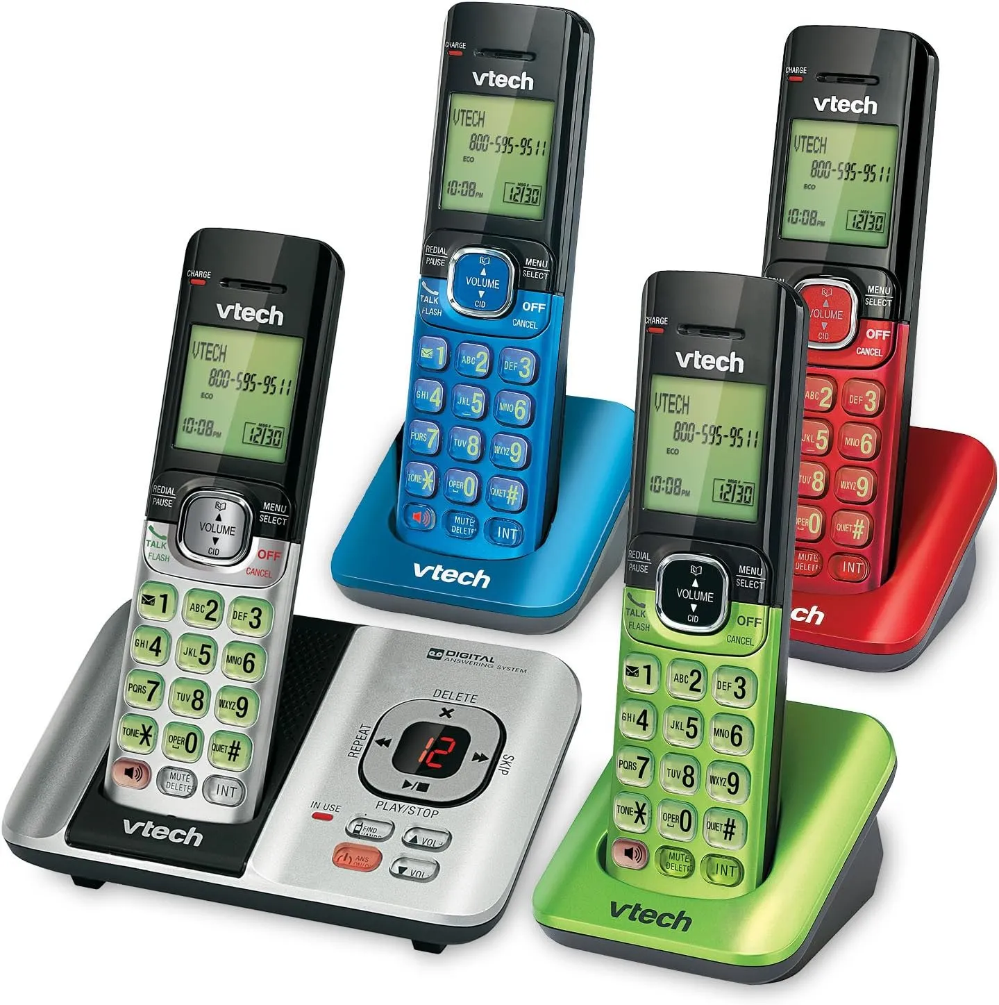 VTech CS6529-4B 4-Handset DECT 6.0 Cordless Phone with Answering System and Caller ID, Expandable up to 5 Handsets, Wall-Mountable, Blue/Green/Red/Silver