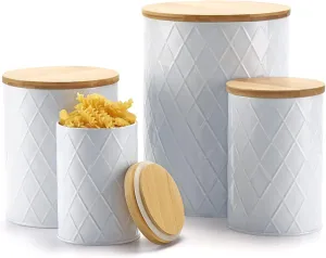 White Kitchen Canisters Set with Wooden Lids, Airtight Sugar, Flour, Coffee, Cookie Storage Canister Sets for Kitchen Countertop, Farmhouse Decor, 4 Pack
