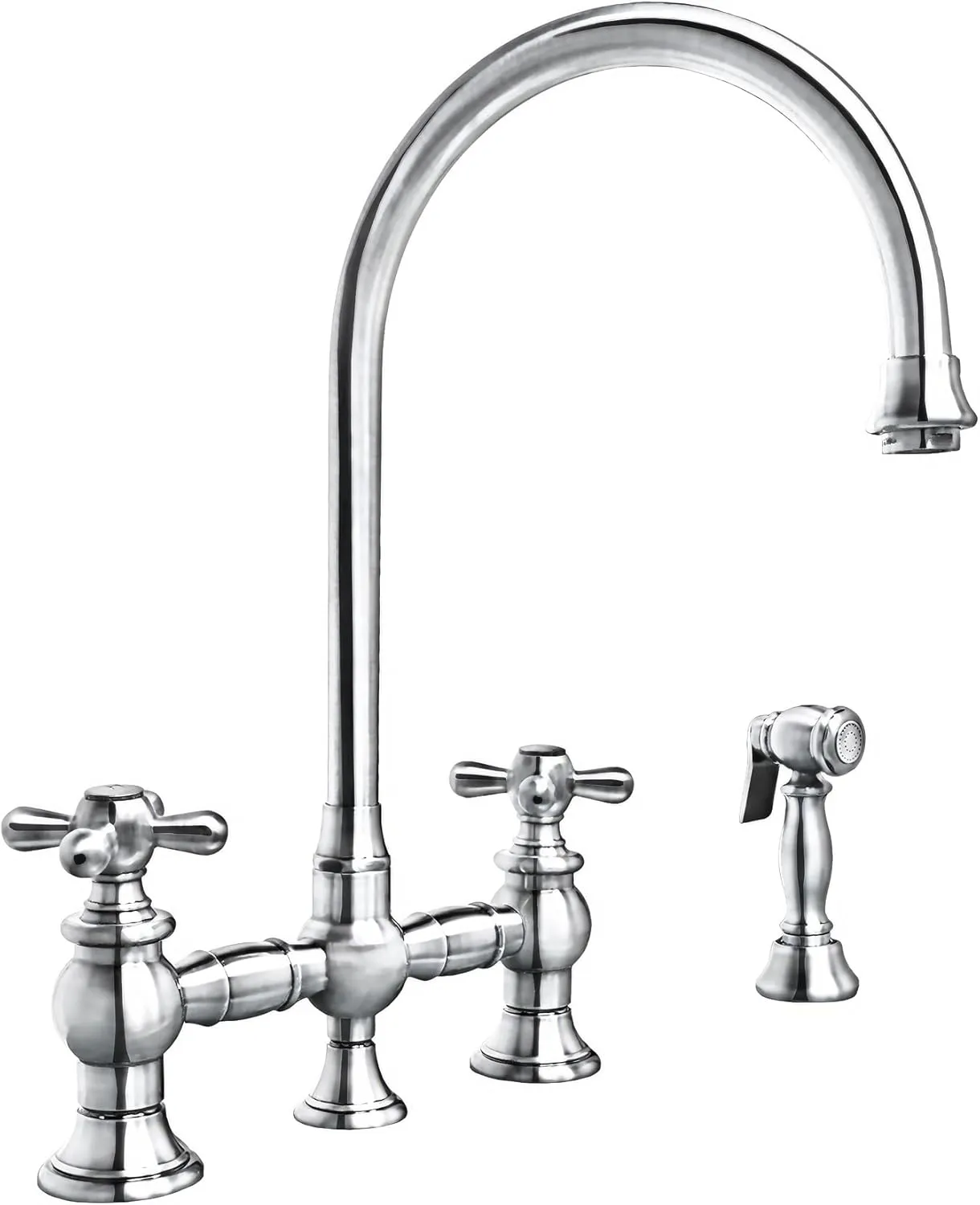 Whitehaus Kitchen Faucet; Brass Construction, Gooseneck, Cross Handles, Side Spray; Polished Chrome