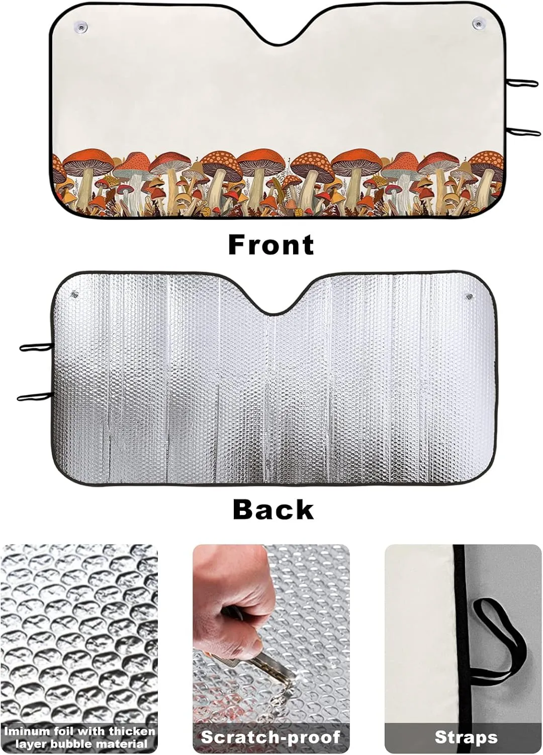 Wild Mushroom Car Windshield Sun Shade,Portable Truck Sunshade Visor Cover Auto Vehicle Front Window UV Block Screen Cover Protection for Windshield,Forest Cartoon Rustic Fall Leaves Wonder-land Large