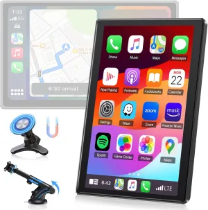 Wireless Apple Carplay Screen for Car 7" Portable Android Auto Car Stereo with Magnetic Mount, Portrait & Landscape Screen, Car Audio Receivers with Super Mirror Link,OTA,GPS Navigation,Voice Control
