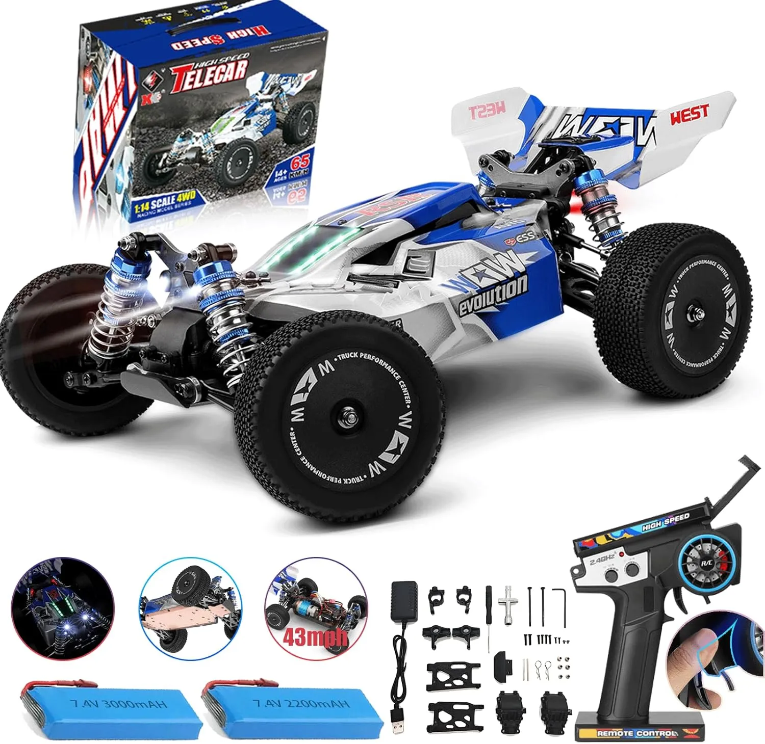WLtoys 144001 V2 1/14 RC Cars, 4WD High-Speed Remote Control Cars for Adults,Creative Lighting Design, Upgraded Hardware and Battery, Max 43 mph Hobby Electric Off-Road Jumping RC Trucks