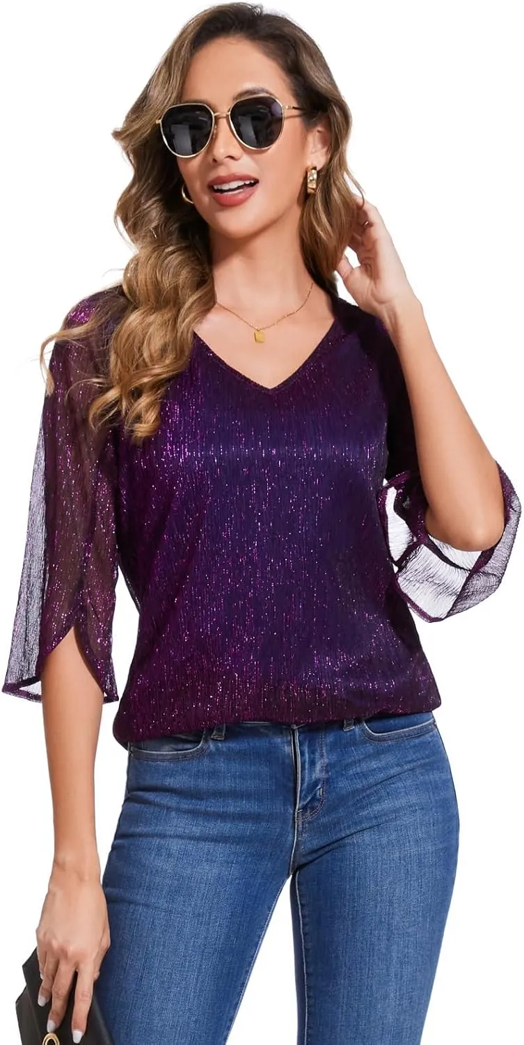 Women's 3/4 Sleeve Glitter Blouses Dressy Sparkly Double Layers Mesh Tunic Tops