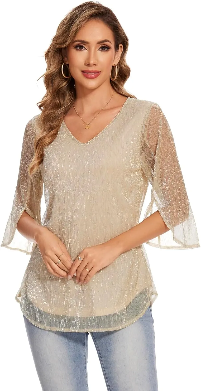 Women's 3/4 Sleeve Glitter Blouses Dressy Sparkly Double Layers Mesh Tunic Tops
